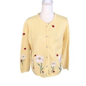 Tia Yellow Floral & Lady Bug Patch Cardigan Rhinestone Buttons Detail Size M